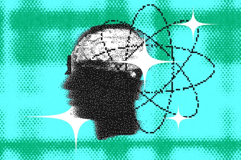 Illustration depicting a stylized pixelated concept of artificial intelligence and consciousness.