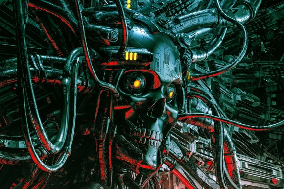 An illustration featuring a menacing robotic skull surrounded by tubes and wires, bathed in eerie green light from above and red light from below.
