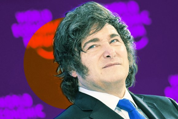 A photo illustration featuring a cut-out photograph of Argentinian President Javier Milei.