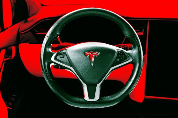 A color-treated photo illustration featuring the steering wheel of a Tesla vehicle.