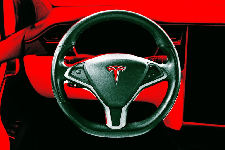 A color-treated photo illustration featuring the steering wheel of a Tesla vehicle.