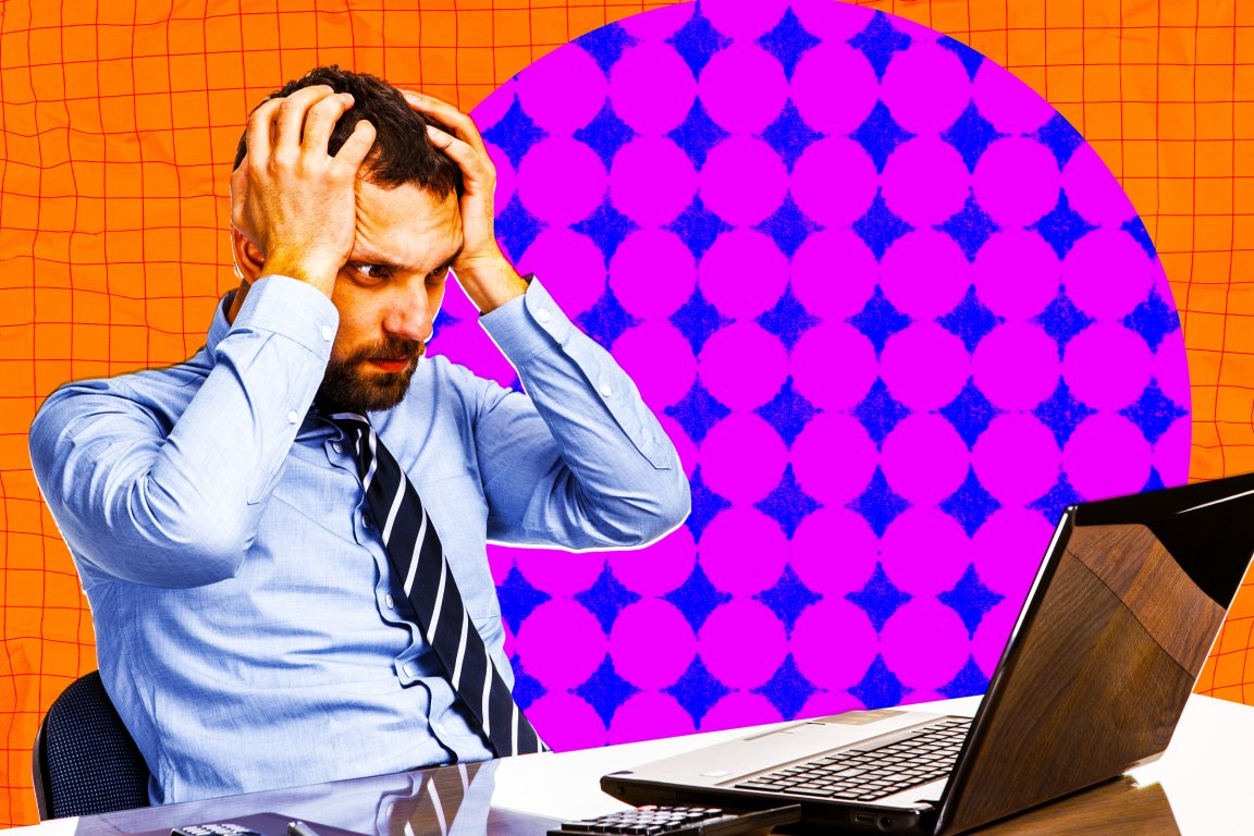 A graphic photo illustration featuring a young employee grabbing his head in an expression of exhaustion and angst.