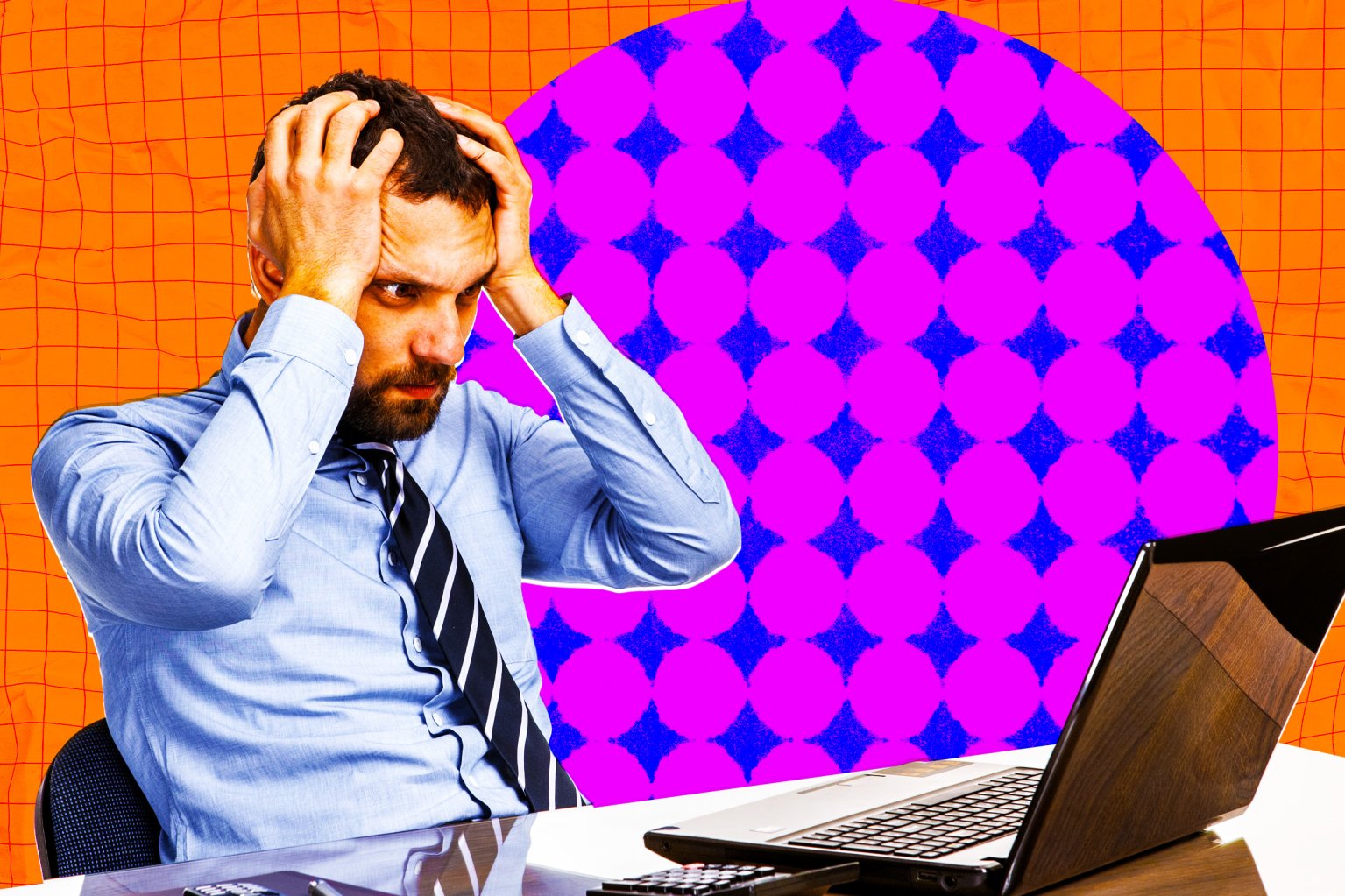A graphic photo illustration featuring a young employee grabbing his head in an expression of exhaustion and angst.