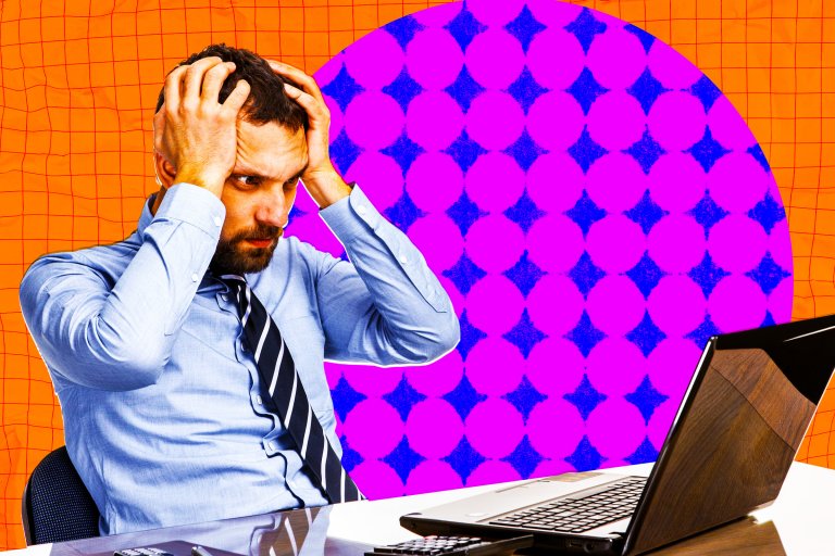 A graphic photo illustration featuring a young employee grabbing his head in an expression of exhaustion and angst.