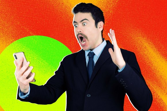 Photo illustration featuring a man looking at his phone with an exaggerated expression of shock.