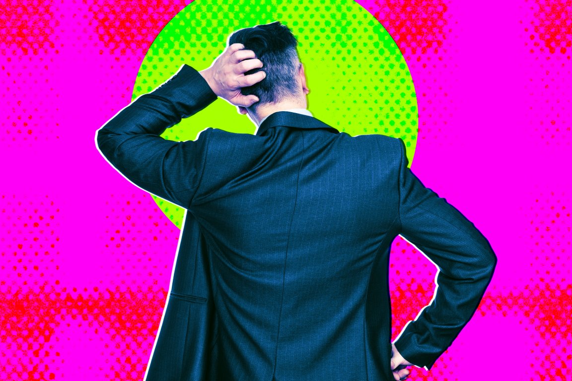 A photo illustration featuring a CEO in a suit from behind scratching the back of his head as he considers his options.
