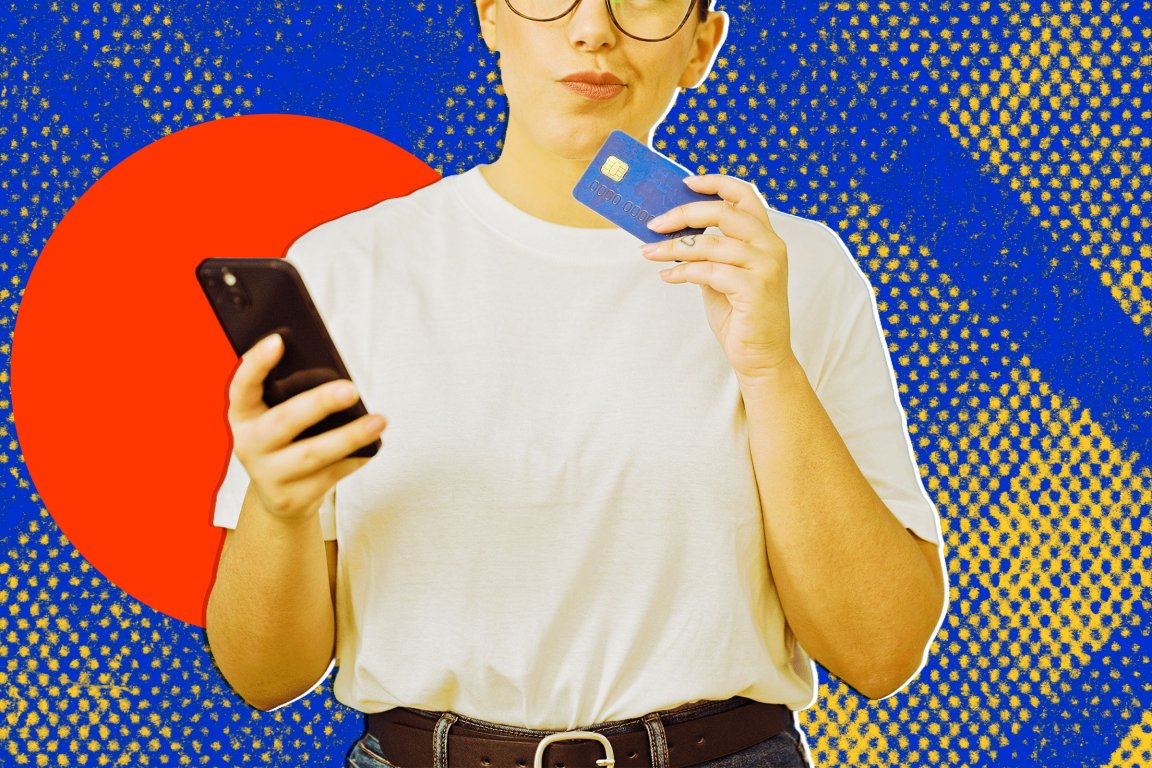 Photo illustration featuring a young woman pausing to consider entering her credit card info on her phone.