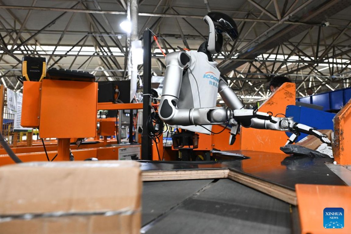 A photograph of a humanoid robot sorting out parcels at the a logistics site in China.