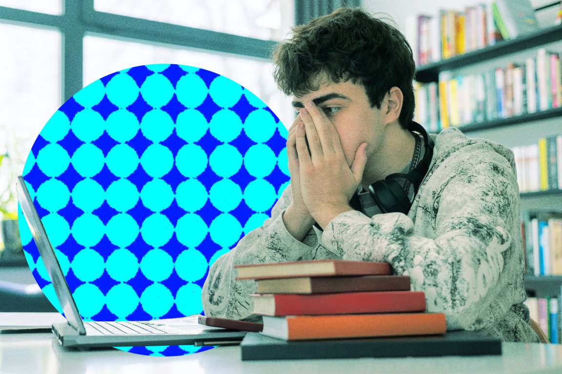 A stylized photo illustration featuring a college student on his laptop with his hands placed over his mouth in a gesture of anxiety and difficulty.