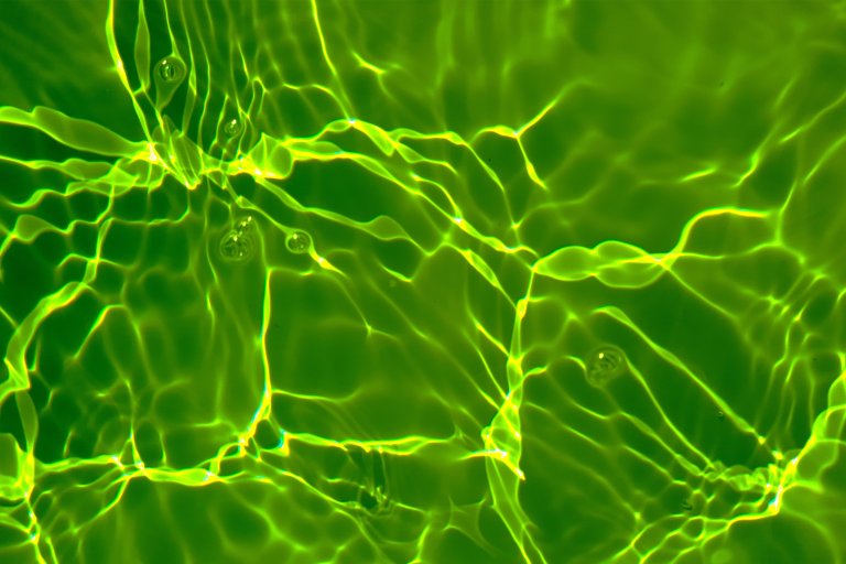 Green-tinted water surface with light reflections creating wavy, glowing patterns and a few small air bubbles.