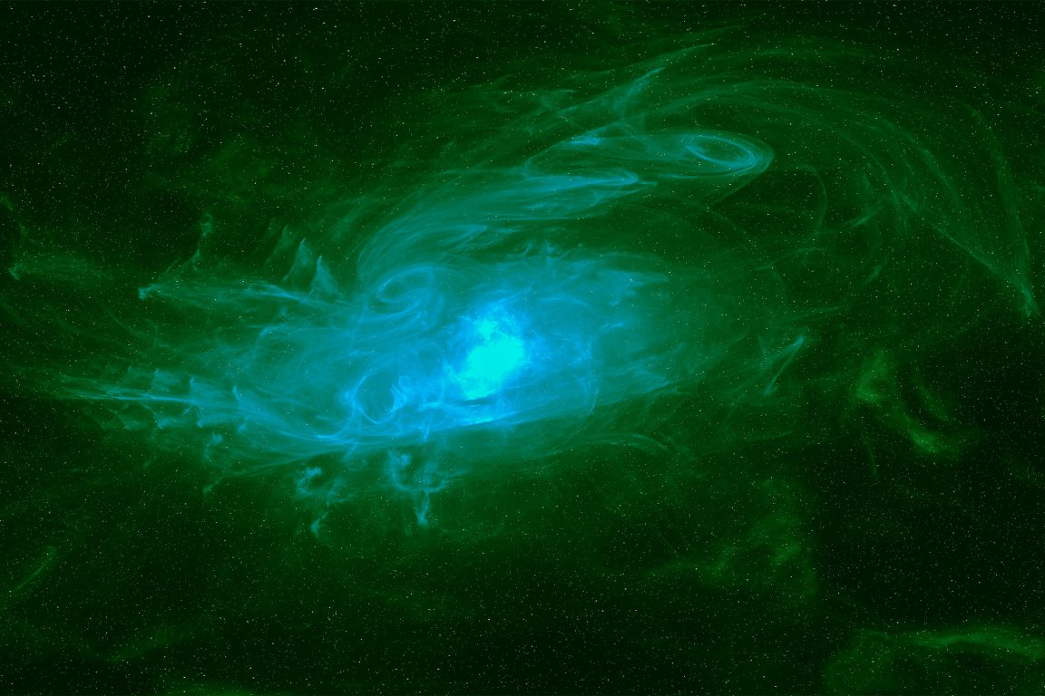 A color treated illustration featuring an abstract fluid swirl of cosmic dust in space.