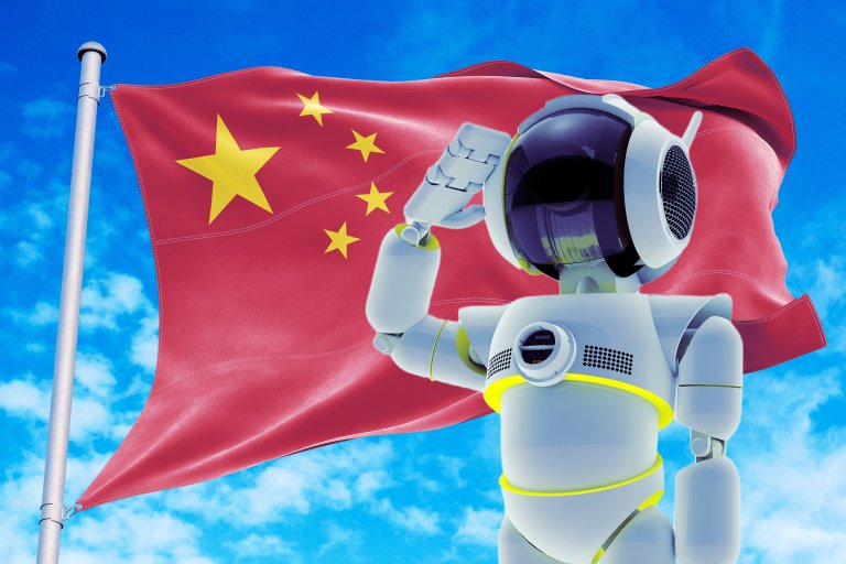 Comic composite illustration featuring a robot saluting in front of a waving Chinese flag.