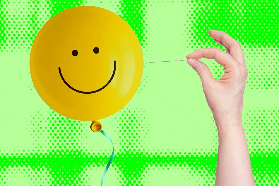 A photo illustration of a balloon with a happy face on it and a hand holding a needle about to pop it.