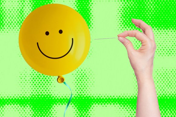 A photo illustration of a balloon with a happy face on it and a hand holding a needle about to pop it.