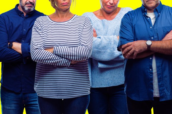 Illustration featuring a photo composite of adults with their arms crossed in an unhappy and suspicious pose.