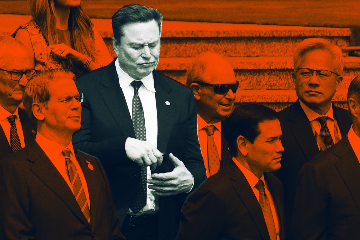 Photo illustration featuring a photograph of Elon Musk in a group of other CEOs checking his phone and wincing.