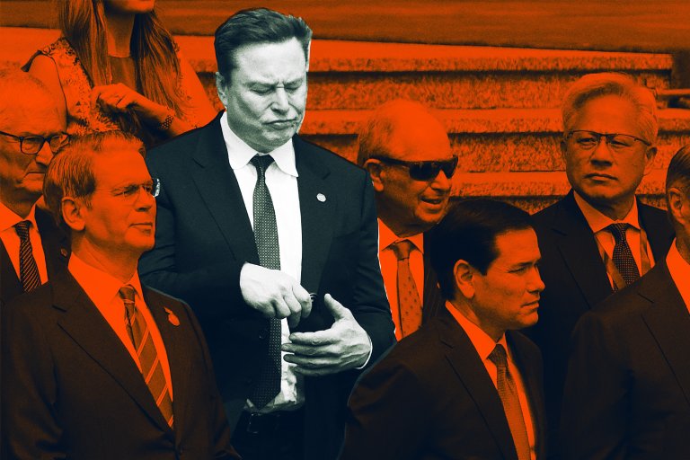 Photo illustration featuring a photograph of Elon Musk in a group of other CEOs checking his phone and wincing.