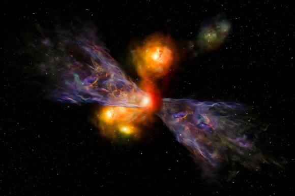 An artist’s impression of the galaxy CRISTAL-02, with a huge plume of cold gas extending away from it.