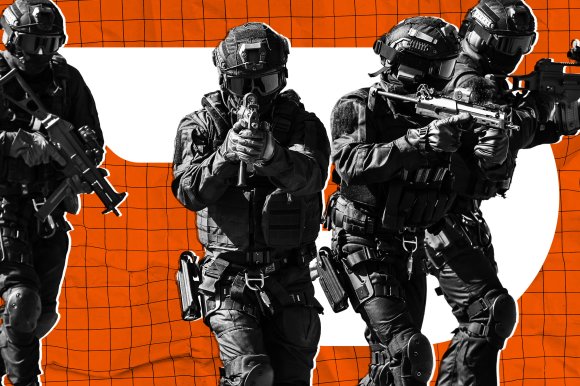 A photo illustration featuring a tactical SWAT team with a Doordash logo in the background.