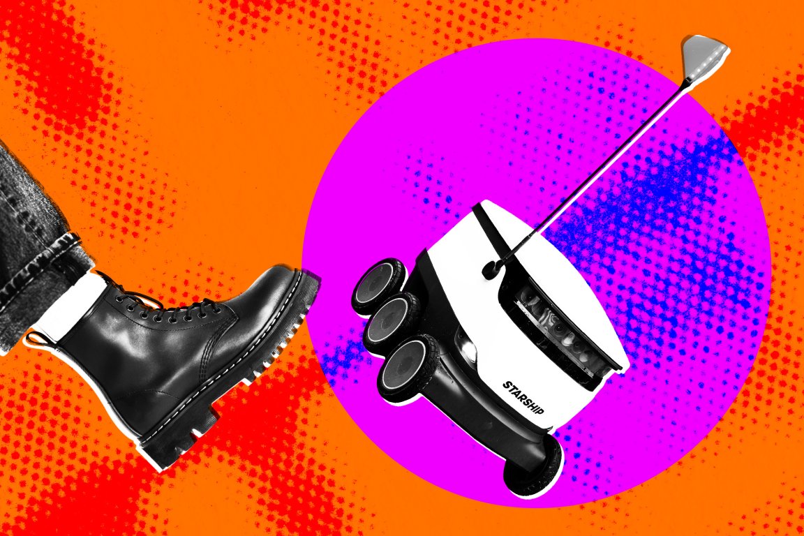 A composite photo illustration depicting a boot kicking a Starship delivery robot.