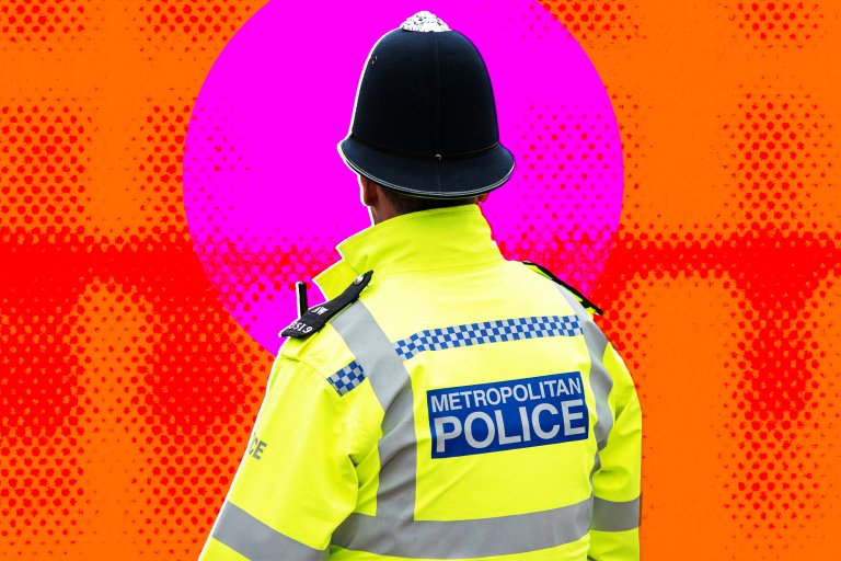 A colorful photo illustration featuring the back of a British Police Officer.