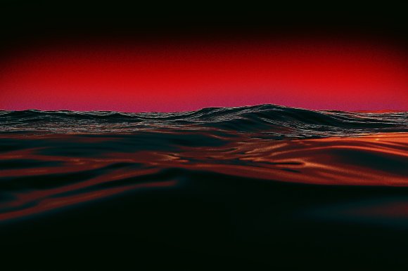 An illustration featuring the surface of dark ocean water and a menacing red glow along the horizon.