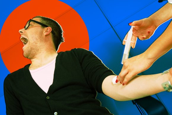 Comic photo illustration of a man dramatically yelling as he receives an injection.