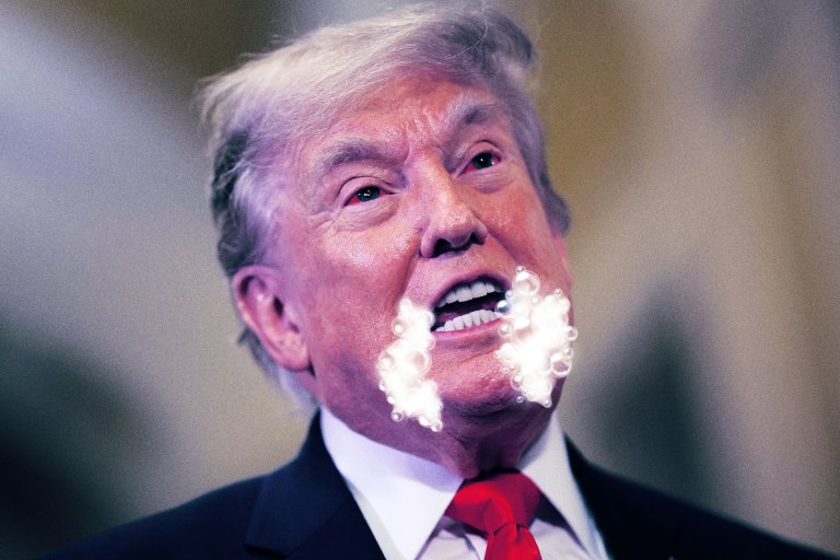 A comic photo illustration featuring U.S. Donald Trump depicted as suffering from rabies with foam around his mouth.