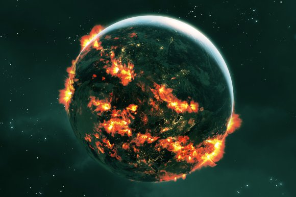 An illustration dramatically depicting the earth catching fire.