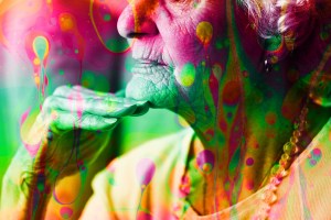 A photo illustration of an older woman overlaid with a psychedelic texture.