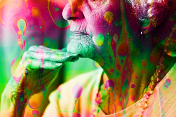 A photo illustration of an older woman overlaid with a psychedelic texture.