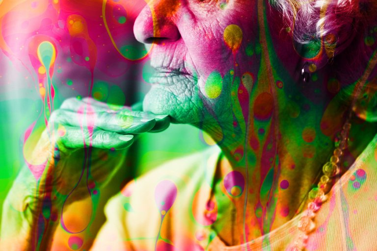 A photo illustration of an older woman overlaid with a psychedelic texture.