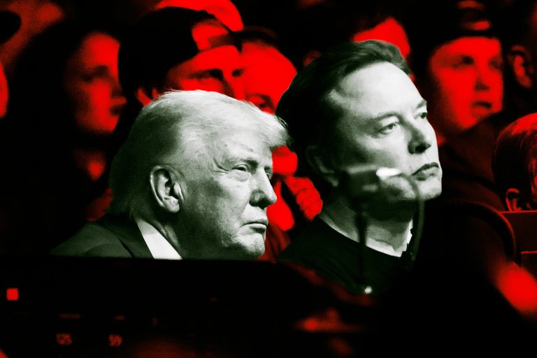 A color-treated illustration featuring Donald Trump and Elon Musk.