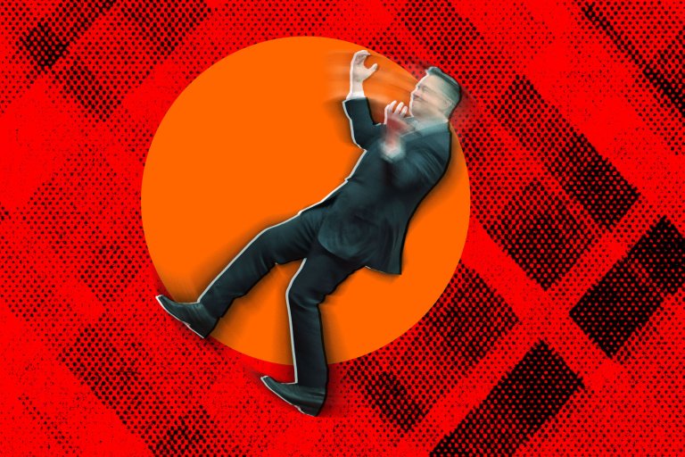 A photo illustration featuring Elon Musk with his arms upraised and a slight radial spin applied to him.