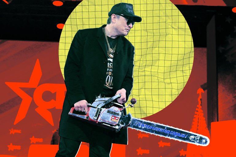 A photo illustration featuring Elon Musk holds a chainsaw during the annual Conservative Political Action Conference (CPAC) at the Gaylord National Resort & Convention Center at National Harbor in Oxon Hill, Maryland, on February 20, 2025.