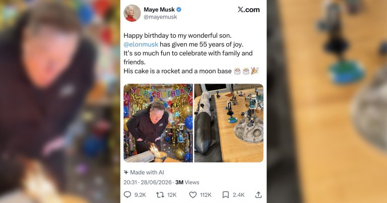 A screenshot of Maye Musk's post on X featuring two images, one of Elon Musk blowing out candles on a cake, the other an image of the cake. Beneath them, a label indicates that they were made with AI.