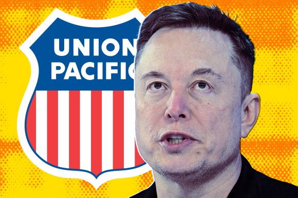 A photo illustration composite featuring Elon Musk and the Union Pacific logo behind him.