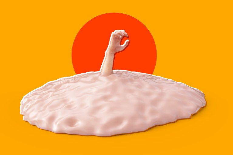 A human arm is emerging from a smooth, pink, amorphous mound against a bright orange background with a large red circle behind the arm. The arm is reaching upward with fingers slightly curled.