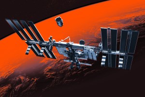 A stylized graphic illustration featuring the ISS above the earth.