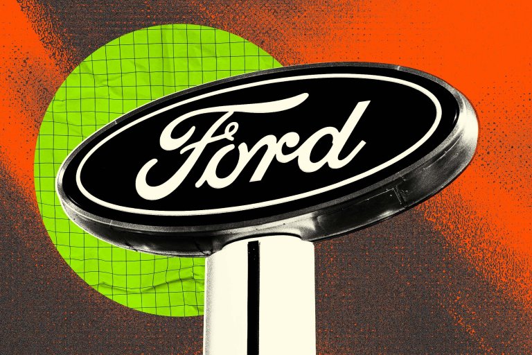 A stylized photo illustration featuring a Ford sign outside a licensed dealership.