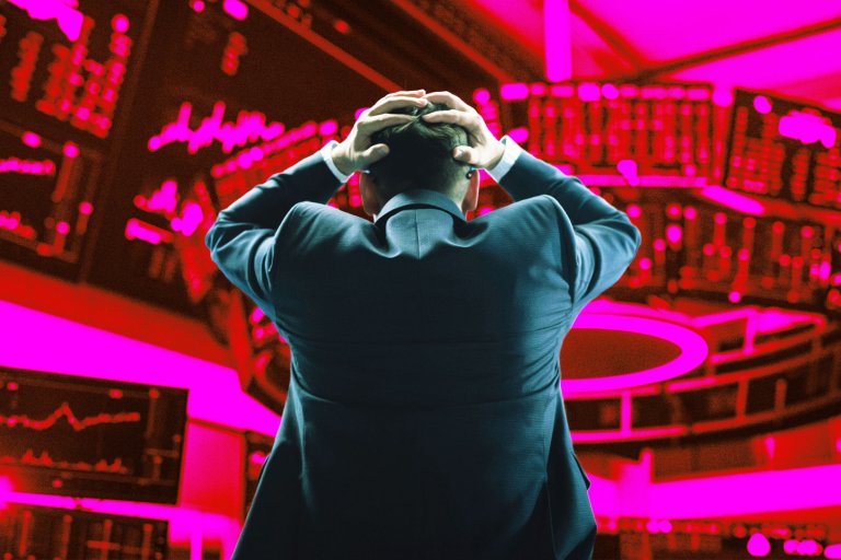 An illustration featuring a stressed stock exchange trader grabbing his head in anxiety over a red and magenta background.