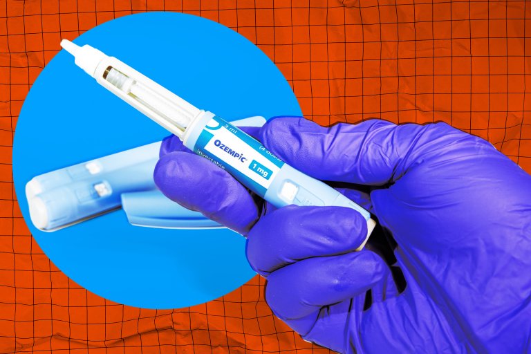 Photo illustration featuring a gloved doctor's hand holding a shot of Ozempic, a popular GLP-1 drug.