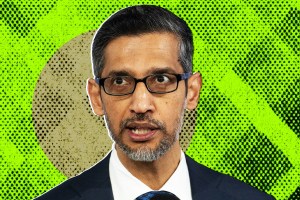 A stylized illustration featuring a photograph of Google CEO Sundar Pichai.