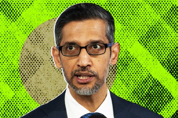 A stylized illustration featuring a photograph of Google CEO Sundar Pichai.