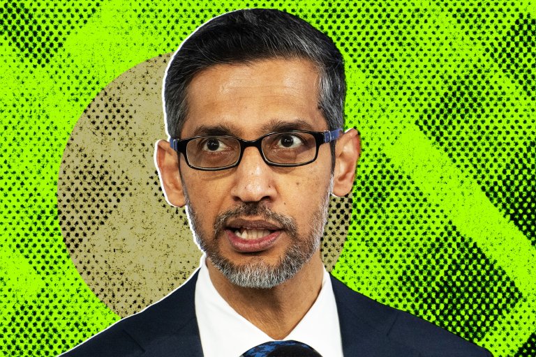 A stylized illustration featuring a photograph of Google CEO Sundar Pichai.