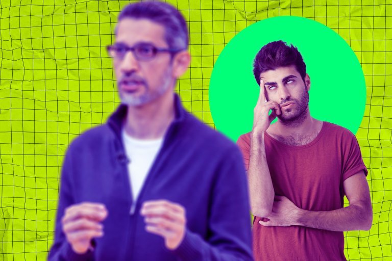 Photo illustration featuring Google CEO Sundar Pichai in the foreground while a man behind him rolls his eyes.