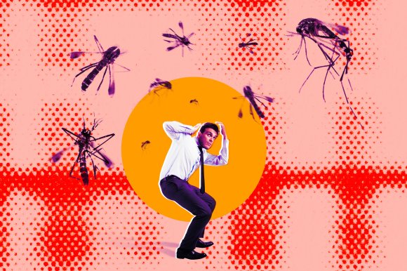 A man ducking a swarm of mosquitoes against a red and yellow backdrop.