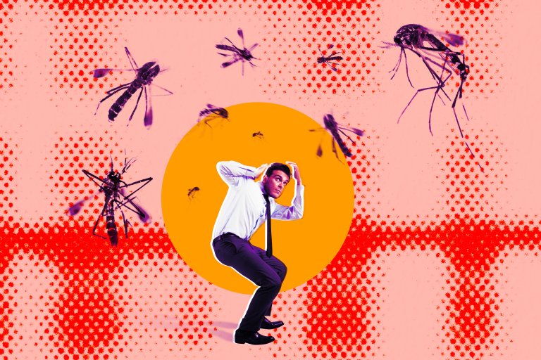 A man ducking a swarm of mosquitoes against a red and yellow backdrop.