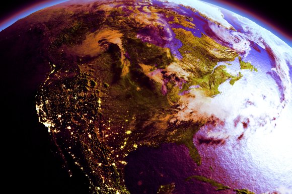 An illustration featuring the United States as seen from space.
