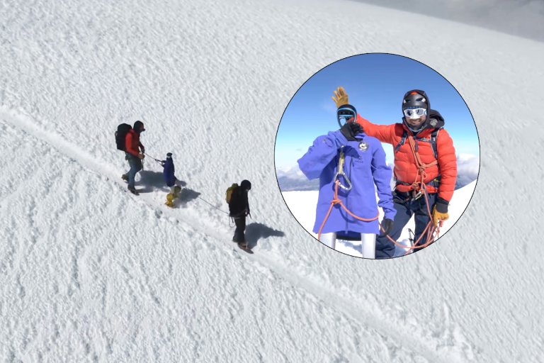 A composite image of Pablo and his robot Pemba on top of a snow-covered mountain.